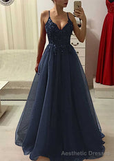 A-line/Princess V Neck Sleeveless Long/Floor-Length Prom Dresses With Appliqued Beading